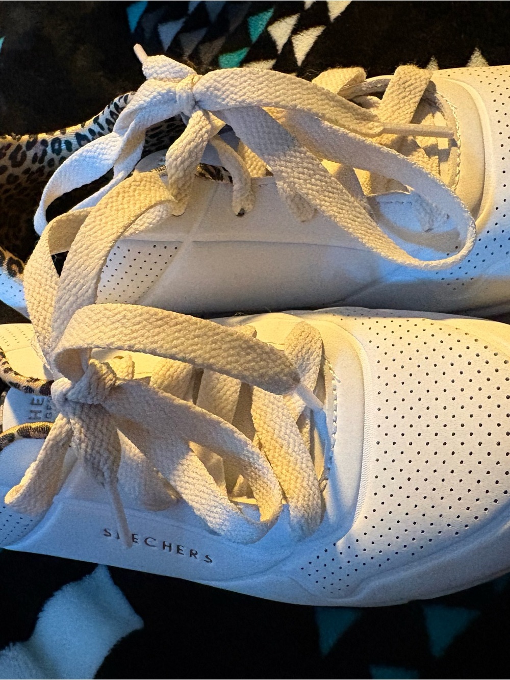 Skechers White Perforated Lace-Up Sneakers with Leopard Lining